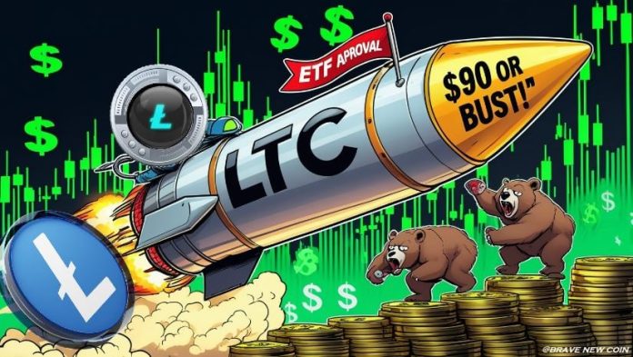 Litecoin (LTC) Worth Prediction: Litecoin Surges Towards $90 as ETF Approval Odds Gas Bull Flag Breakout