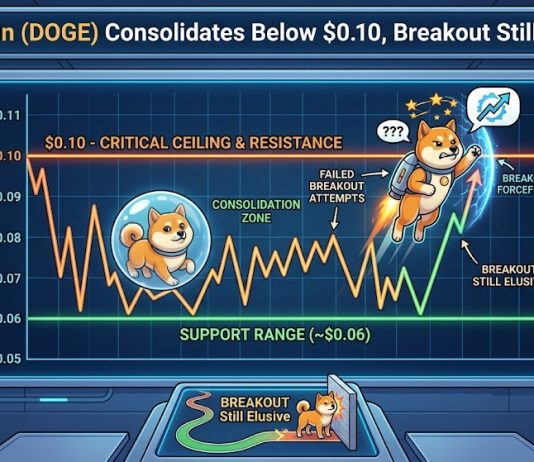 Dogecoin (DOGE) Consolidates Beneath $0.10, Breakout Nonetheless Elusive