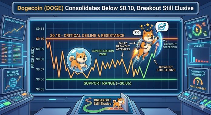 Dogecoin (DOGE) Consolidates Beneath $0.10, Breakout Nonetheless Elusive