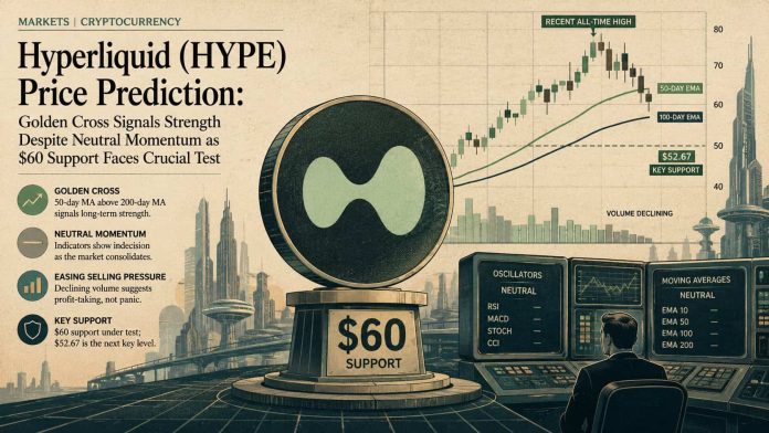 Hyperliquid (HYPE) Worth Prediction: Golden Cross Indicators Energy Regardless of Impartial Momentum as $60 Help Faces Essential Take a look at