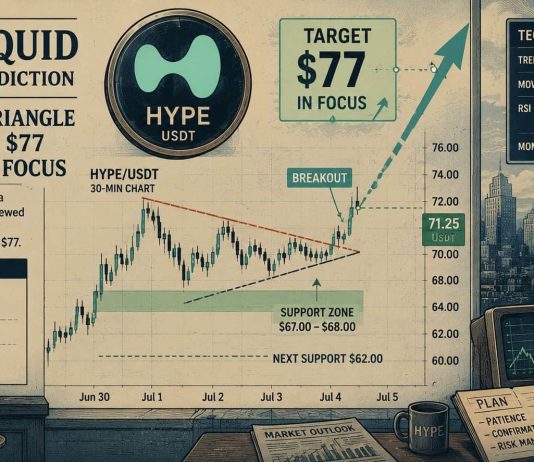 Hyperliquid (HYPE) Value Prediction: Symmetrical Triangle Breakout Places $77 Goal Again in Focus