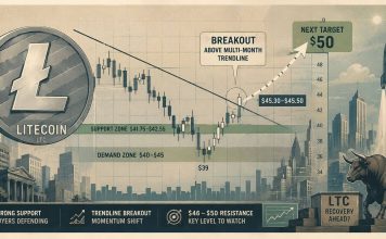 Litecoin (LTC) Worth Prediction: Breakout Above Multi-Month Trendline Places $50 Goal Again in Focus Litecoin (LTC) Worth Prediction: Breakout Above Multi-Month Trendline Places $50 Goal Again in Focus