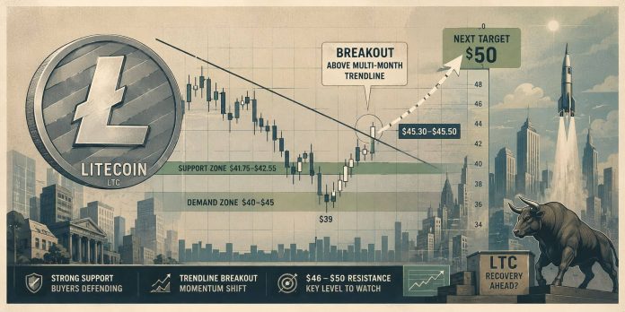 Litecoin (LTC) Worth Prediction: Breakout Above Multi-Month Trendline Places $50 Goal Again in Focus Litecoin (LTC) Worth Prediction: Breakout Above Multi-Month Trendline Places $50 Goal Again in Focus