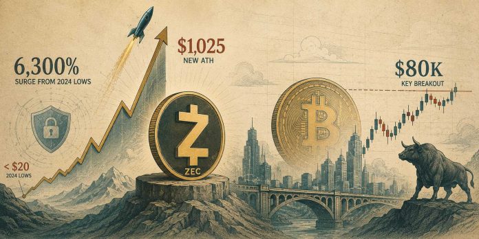 ZEC Hits $1,025 ATH After 6,300% Surge From 2024 Lows as BTC Awaits $80Ok Breakout
